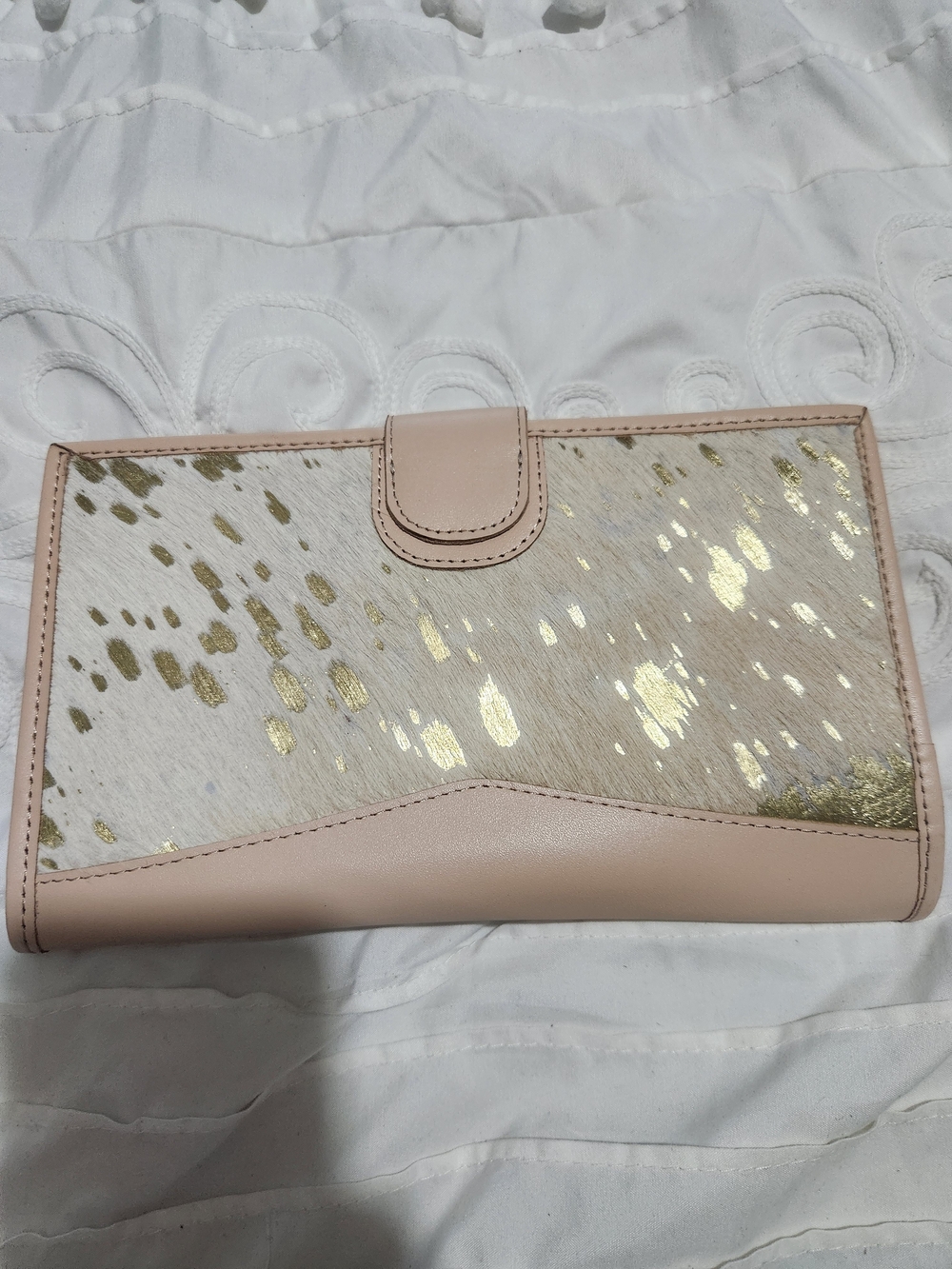 Jane Marie Soft Pink Haircalf Clutch with Gold Spot Accents